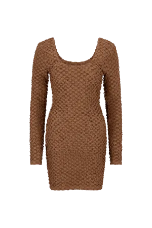 CURAAE Avery Long Sleeve Textured Fitted Scoop Mini Dress In Brown