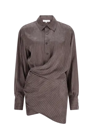 CURAAE Grace Mini Pinstripe Drape Button Down Shirt Dress In Grey