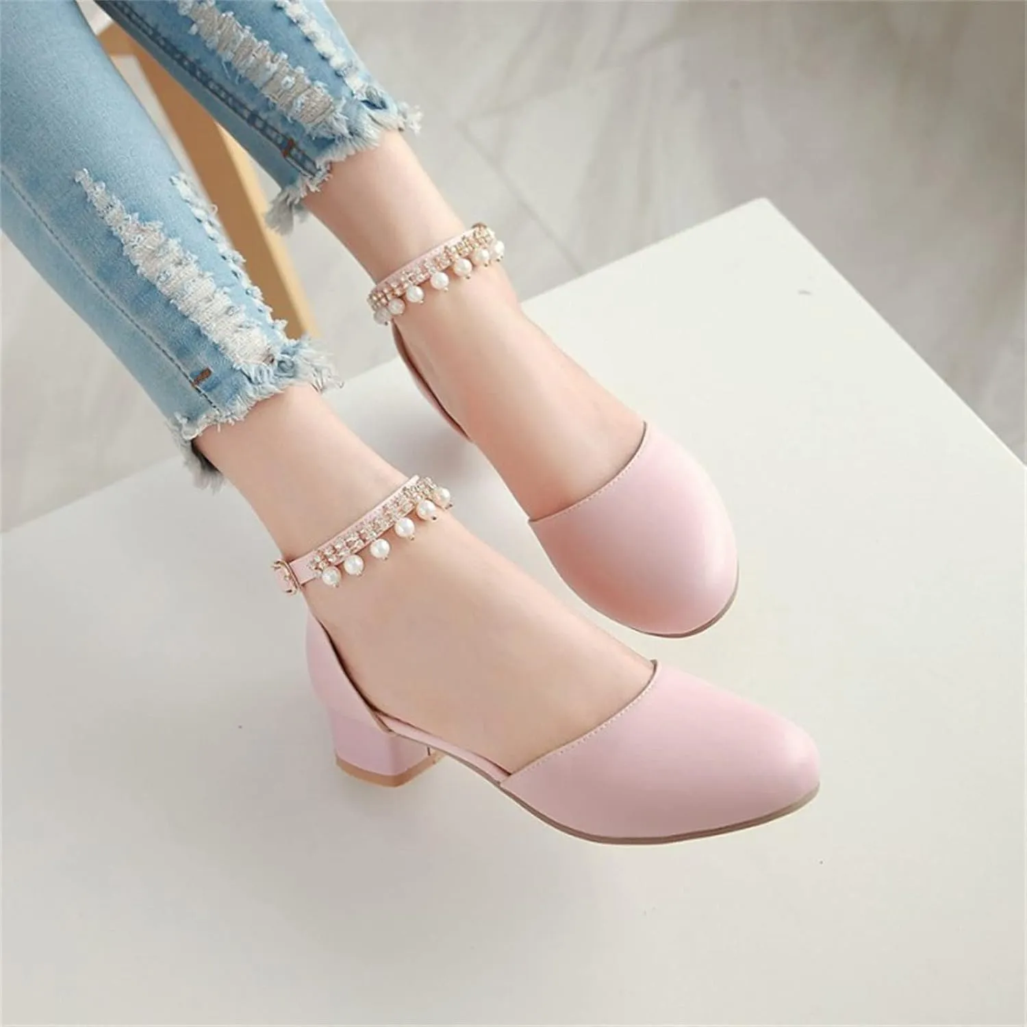 EnJoCho Girls Round Toe Shoes Girls Mary Jane Dress Shoes Pumps Low Heels Flower Party High School Prom Sandals Grils
