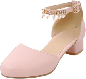 EnJoCho Girls Round Toe Shoes Girls Mary Jane Dress Shoes Pumps Low Heels Flower Party High School Prom Sandals Grils