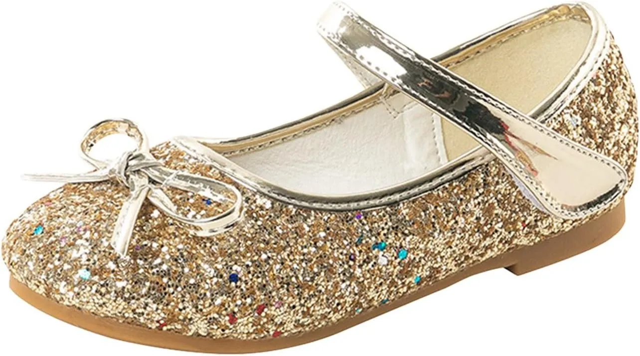 Girls Dress Shoes Princess Glittery Bowknot Low Heel Shoes for Toddler Little Girl Mary Jane Low Heels Footwear