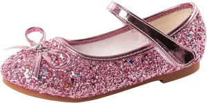 Girls Glittery Bowknot Dress Shoes Princess Low Heel Mary Jane Shoes for Toddler Little Girl Wedding Footwear