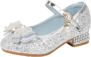 Girls Heels, Mary Jane Glitter Shoes Bows Sequin Party Footwear Dress Shoes Flower Girls Shoes for Wedding Party