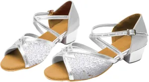 Girls Latin Dance Shoes Kids Low Heel Open Toe Glittering Tango Professional Performance Practice Dancing Shoes