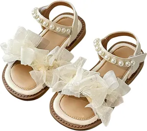Girls Mesh Pearl Flat Sandals Open Toe Pearl Strap Princess Bridesmaid Party Dress Shoes Kids Cute Summer Shoes