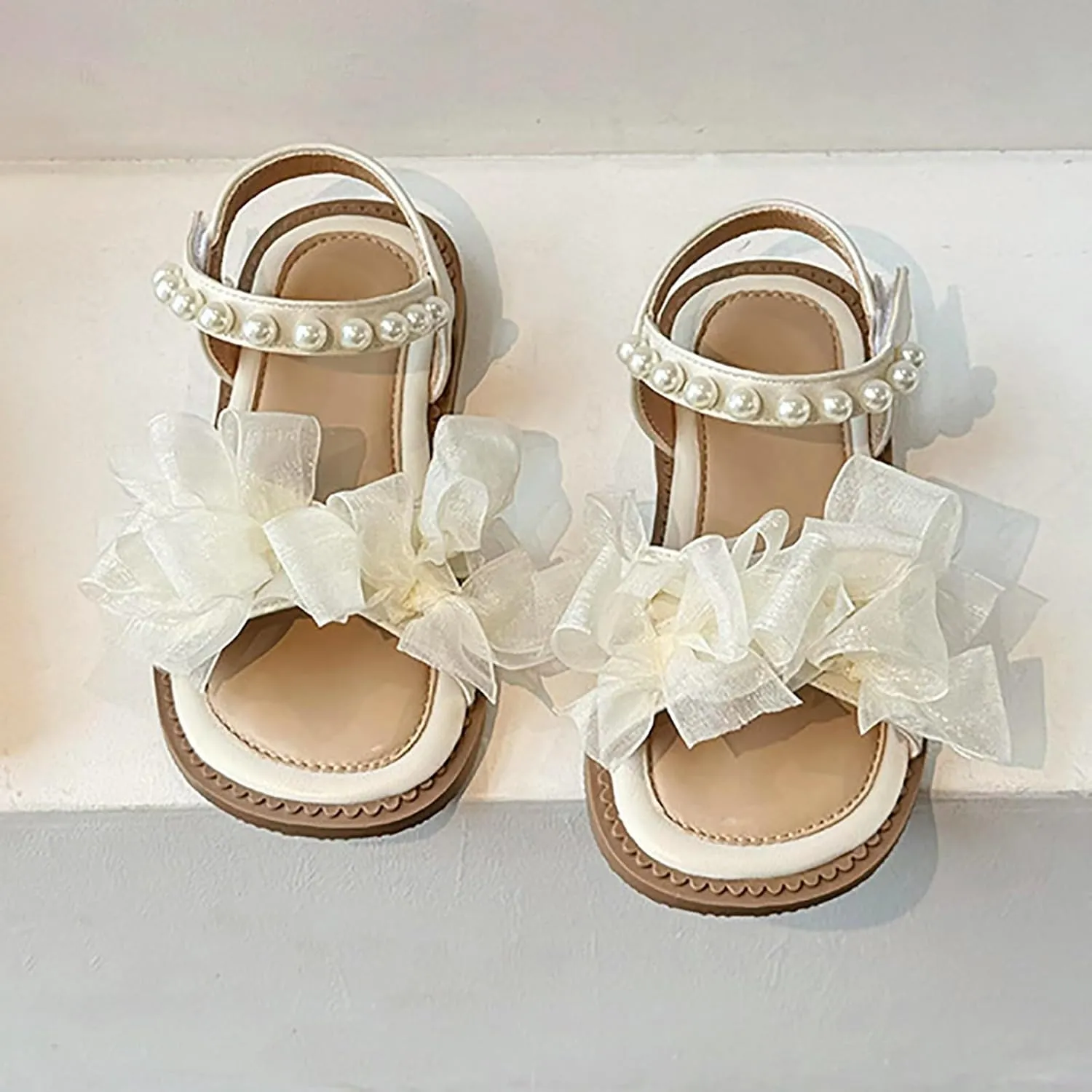 Girls Mesh Pearl Flat Sandals Open Toe Pearl Strap Princess Bridesmaid Party Dress Shoes Kids Cute Summer Shoes