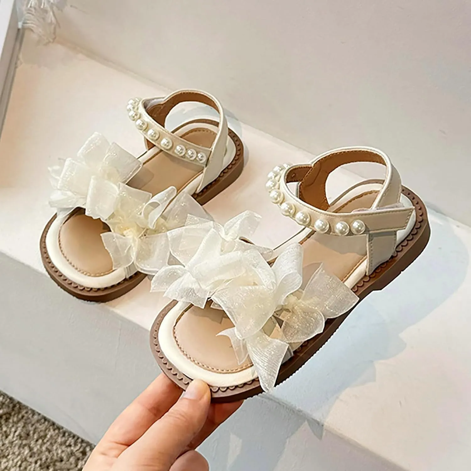 Girls Mesh Pearl Flat Sandals Open Toe Pearl Strap Princess Bridesmaid Party Dress Shoes Kids Cute Summer Shoes
