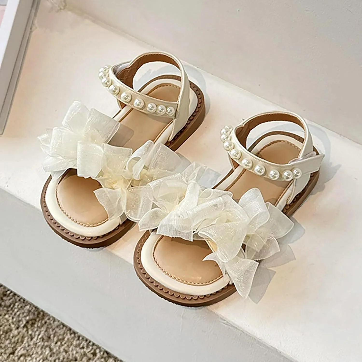 Girls Mesh Pearl Flat Sandals Open Toe Pearl Strap Princess Bridesmaid Party Dress Shoes Kids Cute Summer Shoes