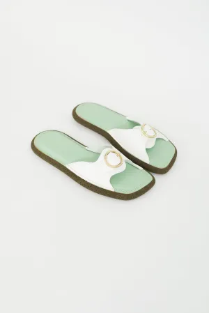 Green & White Leather Buckle Sandal