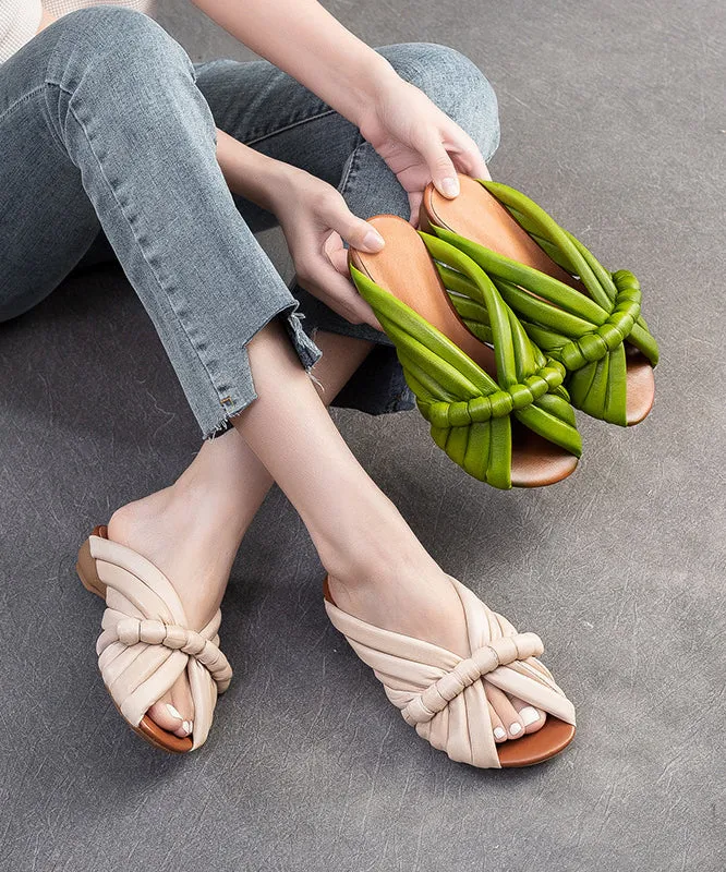 Handmade Green Cowhide Leather Peep Toe Slide Sandals JJ080