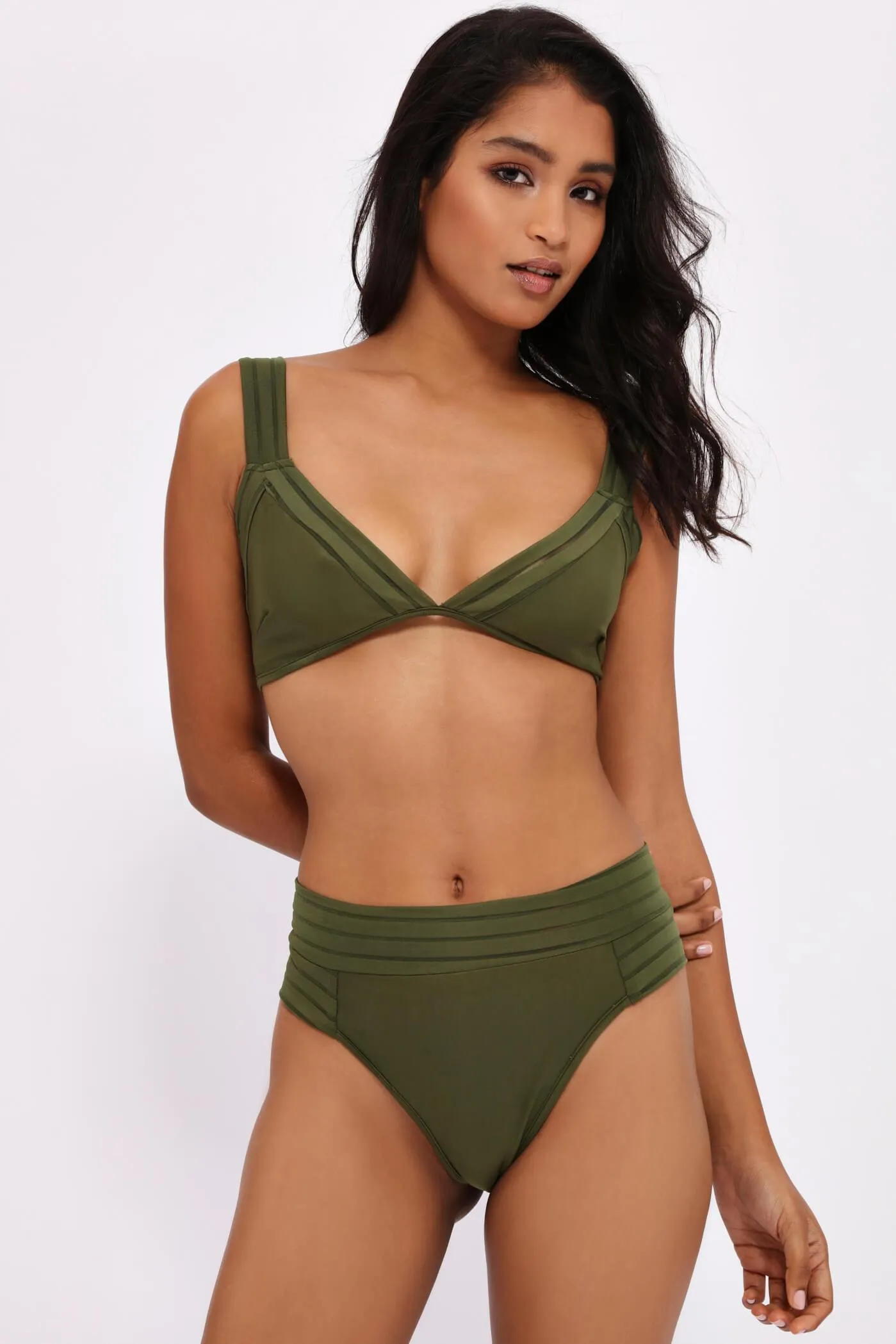 Khaki 3 Strap Mesh Bikini Bottom