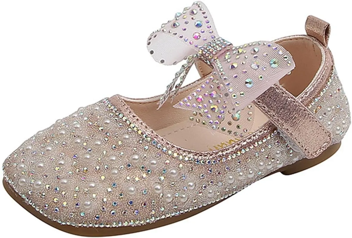 Kids Girls Princess Dress Shoes Cute hinestone Bowknot Mary Jane Ballerina with Satin Ankle Tie for Wedding
