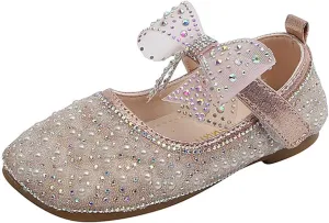 Kids Girls Princess Dress Shoes Cute hinestone Bowknot Mary Jane Ballerina with Satin Ankle Tie for Wedding