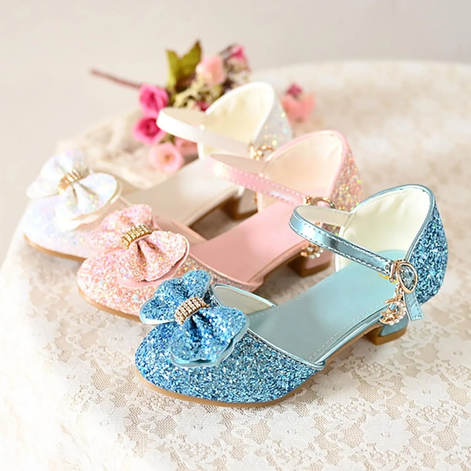 Kids Toddler Girls Rhinestone Bow Closed Toe Sandals Low Heel Ankle Strap Princess Shoes Wedding Party Dress Shoes