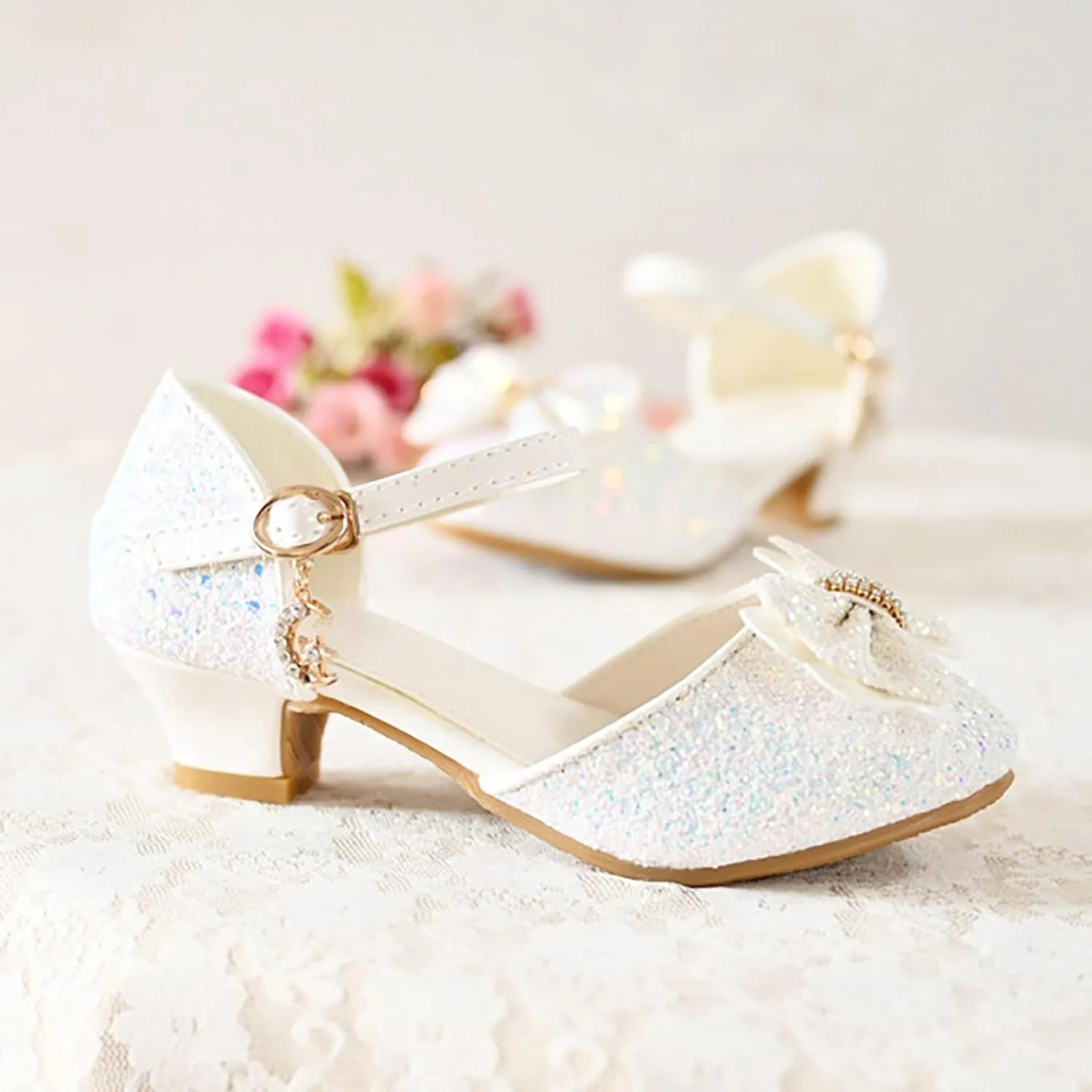 Kids Toddler Girls Rhinestone Bow Closed Toe Sandals Low Heel Ankle Strap Princess Shoes Wedding Party Dress Shoes