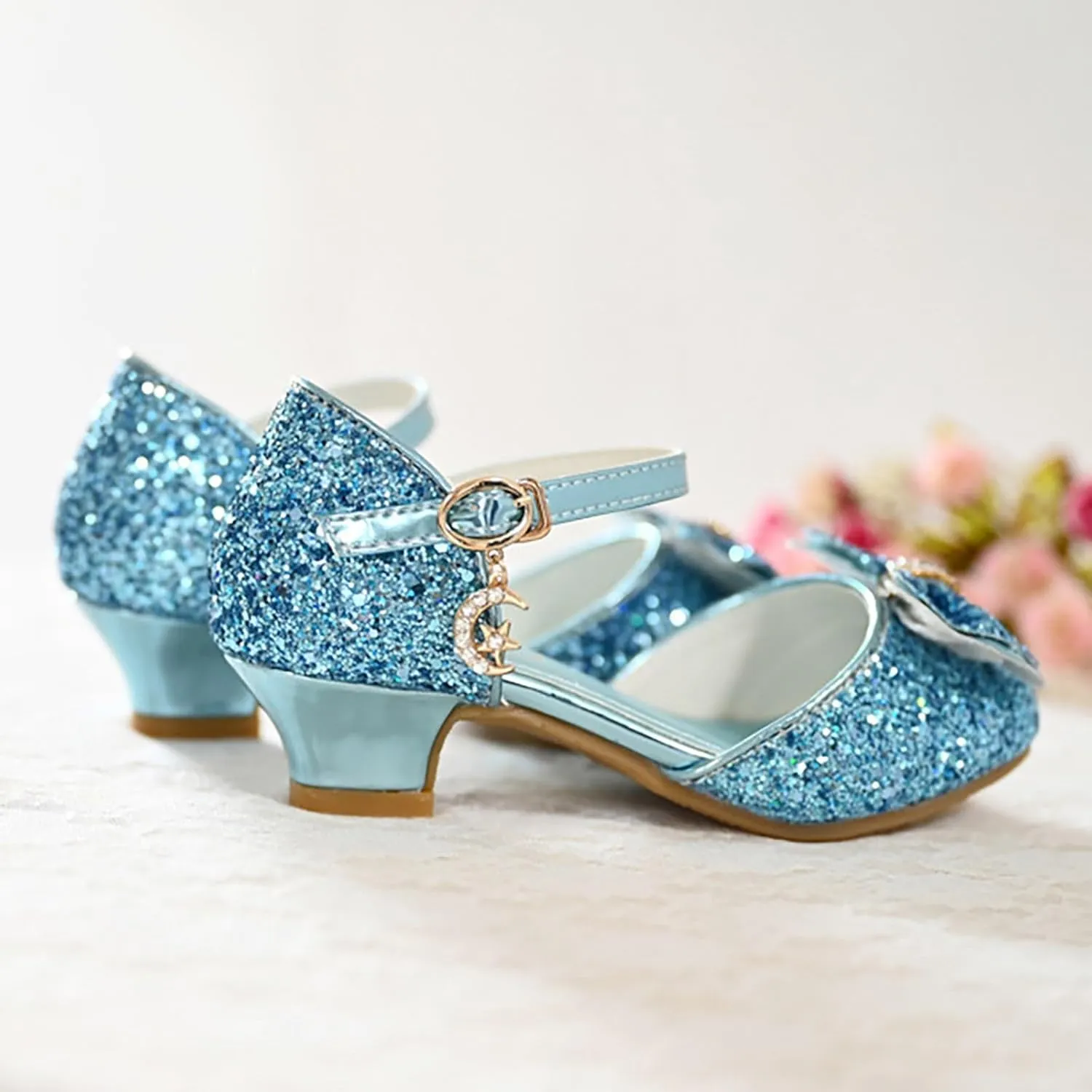 Kids Toddler Girls Rhinestone Bow Closed Toe Sandals Low Heel Ankle Strap Princess Shoes Wedding Party Dress Shoes