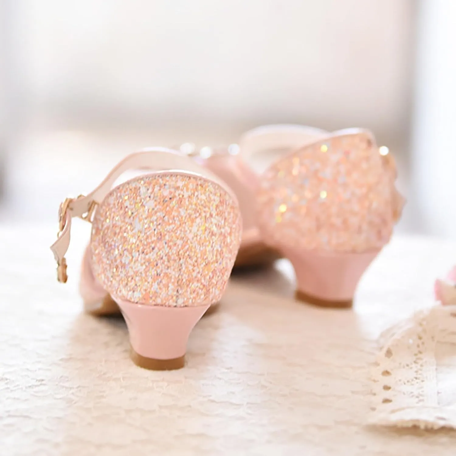 Kids Toddler Girls Rhinestone Bow Closed Toe Sandals Low Heel Ankle Strap Princess Shoes Wedding Party Dress Shoes