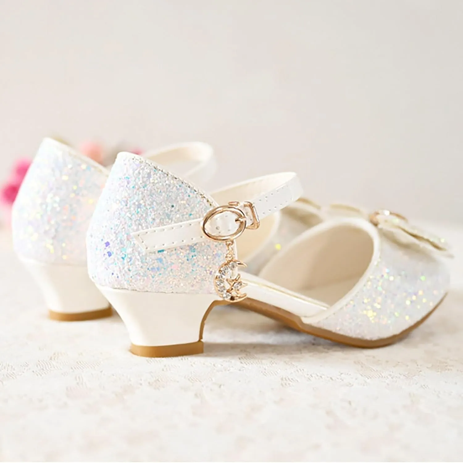 Kids Toddler Girls Rhinestone Bow Closed Toe Sandals Low Heel Ankle Strap Princess Shoes Wedding Party Dress Shoes