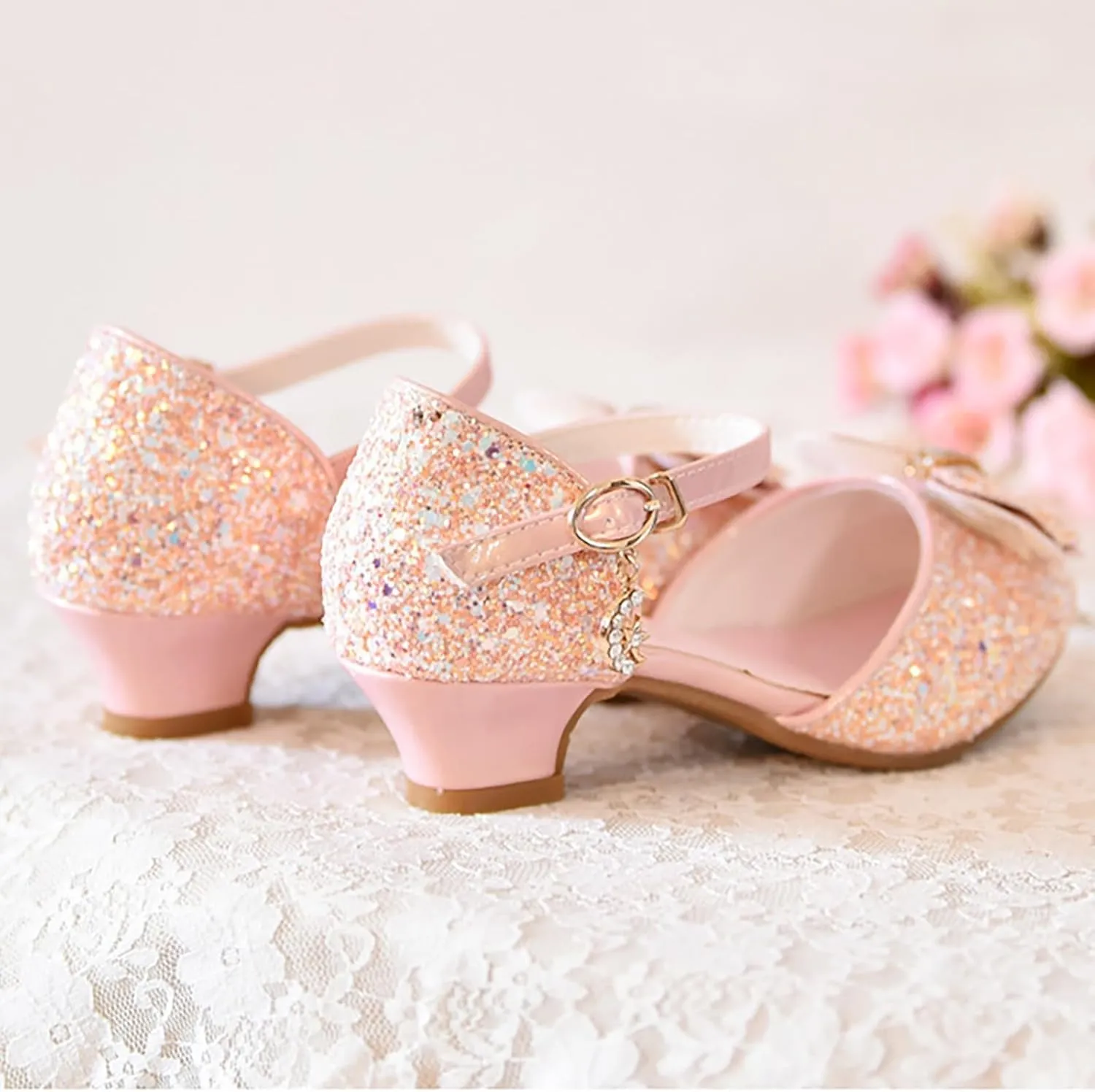 Kids Toddler Girls Rhinestone Bow Closed Toe Sandals Low Heel Ankle Strap Princess Shoes Wedding Party Dress Shoes