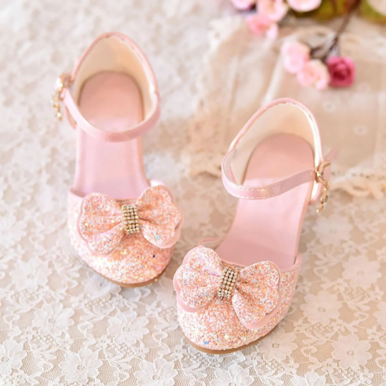 Kids Toddler Girls Rhinestone Bow Closed Toe Sandals Low Heel Ankle Strap Princess Shoes Wedding Party Dress Shoes