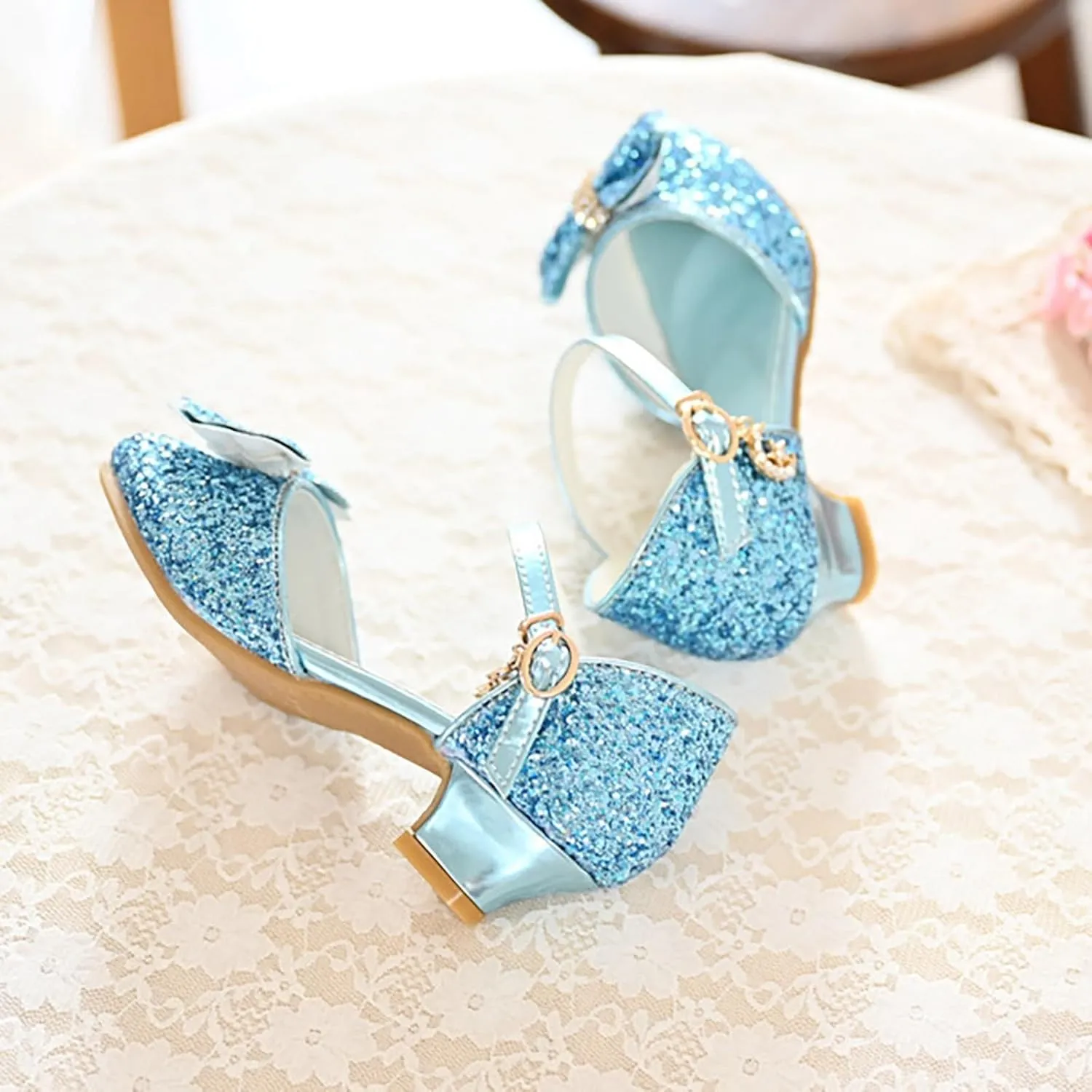 Kids Toddler Girls Rhinestone Bow Closed Toe Sandals Low Heel Ankle Strap Princess Shoes Wedding Party Dress Shoes