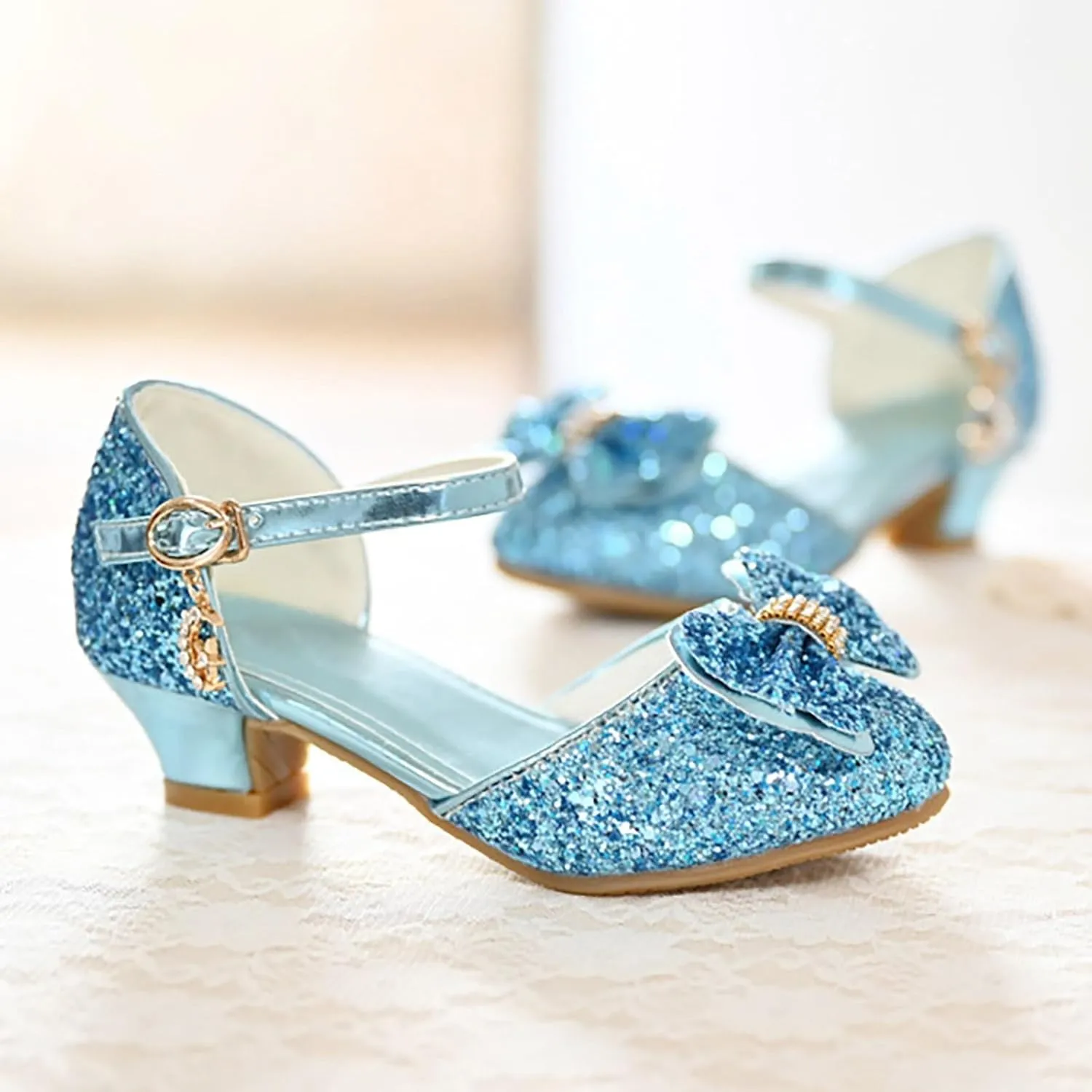 Kids Toddler Girls Rhinestone Bow Closed Toe Sandals Low Heel Ankle Strap Princess Shoes Wedding Party Dress Shoes