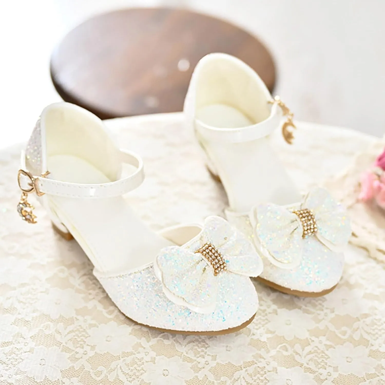 Kids Toddler Girls Rhinestone Bow Closed Toe Sandals Low Heel Ankle Strap Princess Shoes Wedding Party Dress Shoes