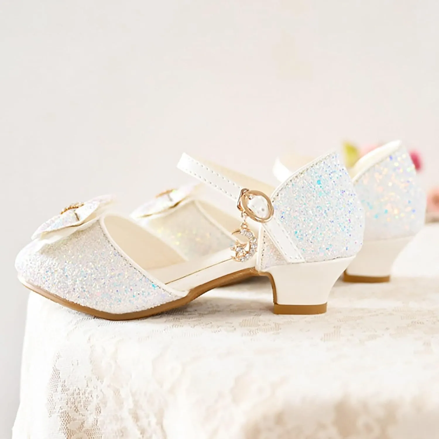 Kids Toddler Girls Rhinestone Bow Closed Toe Sandals Low Heel Ankle Strap Princess Shoes Wedding Party Dress Shoes