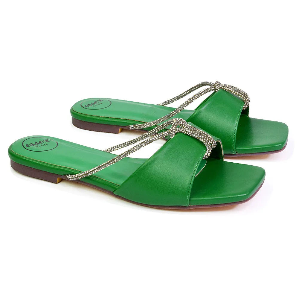 Leah Diamante Flat Sandals Square Toe Slip on Slider Mule Shoes in Silver