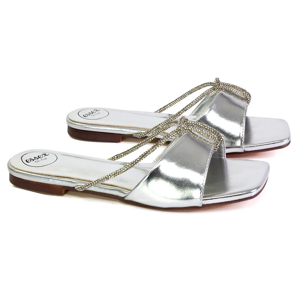 Leah Diamante Flat Sandals Square Toe Slip on Slider Mule Shoes in Silver