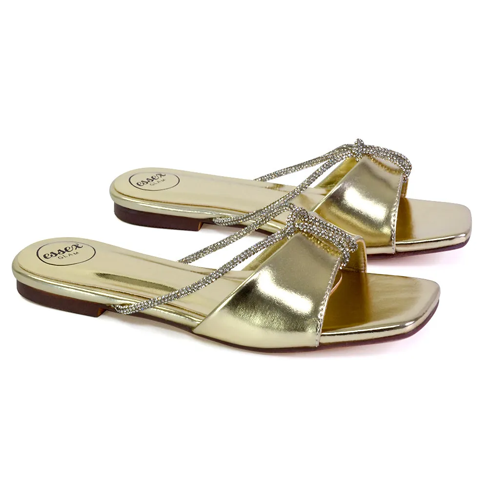 Leah Diamante Flat Sandals Square Toe Slip on Slider Mule Shoes in Silver