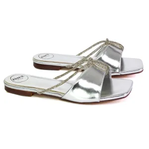 Leah Diamante Flat Sandals Square Toe Slip on Slider Mule Shoes in Silver