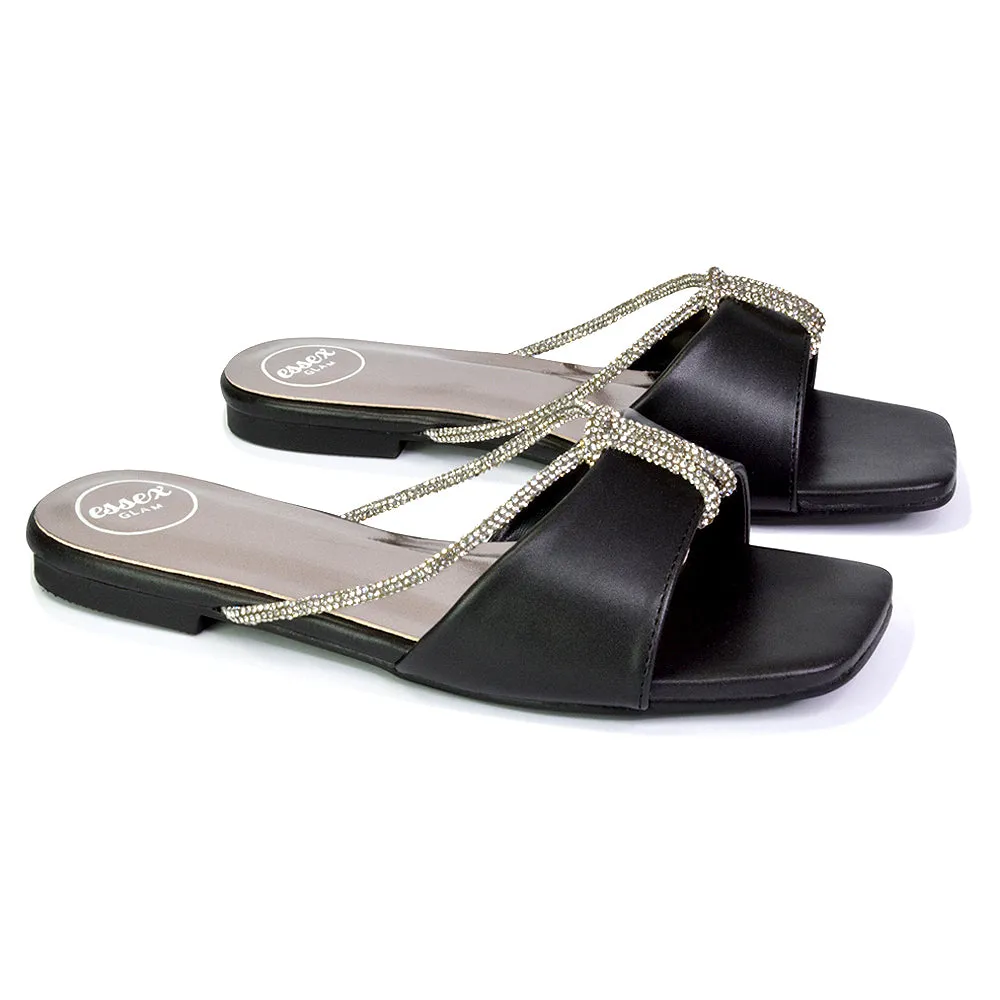 Leah Diamante Flat Sandals Square Toe Slip on Slider Mule Shoes in Silver