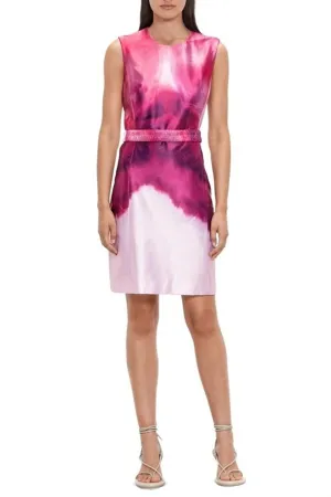 Marbled Satin Belted Dress in Fuchsia