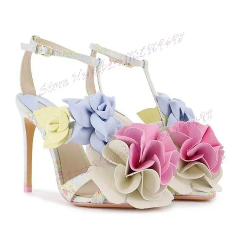 Multicolor Flower Decor T-strap Sandals
