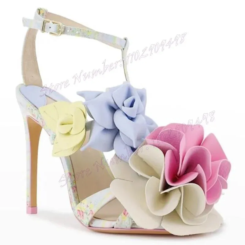 Multicolor Flower Decor T-strap Sandals