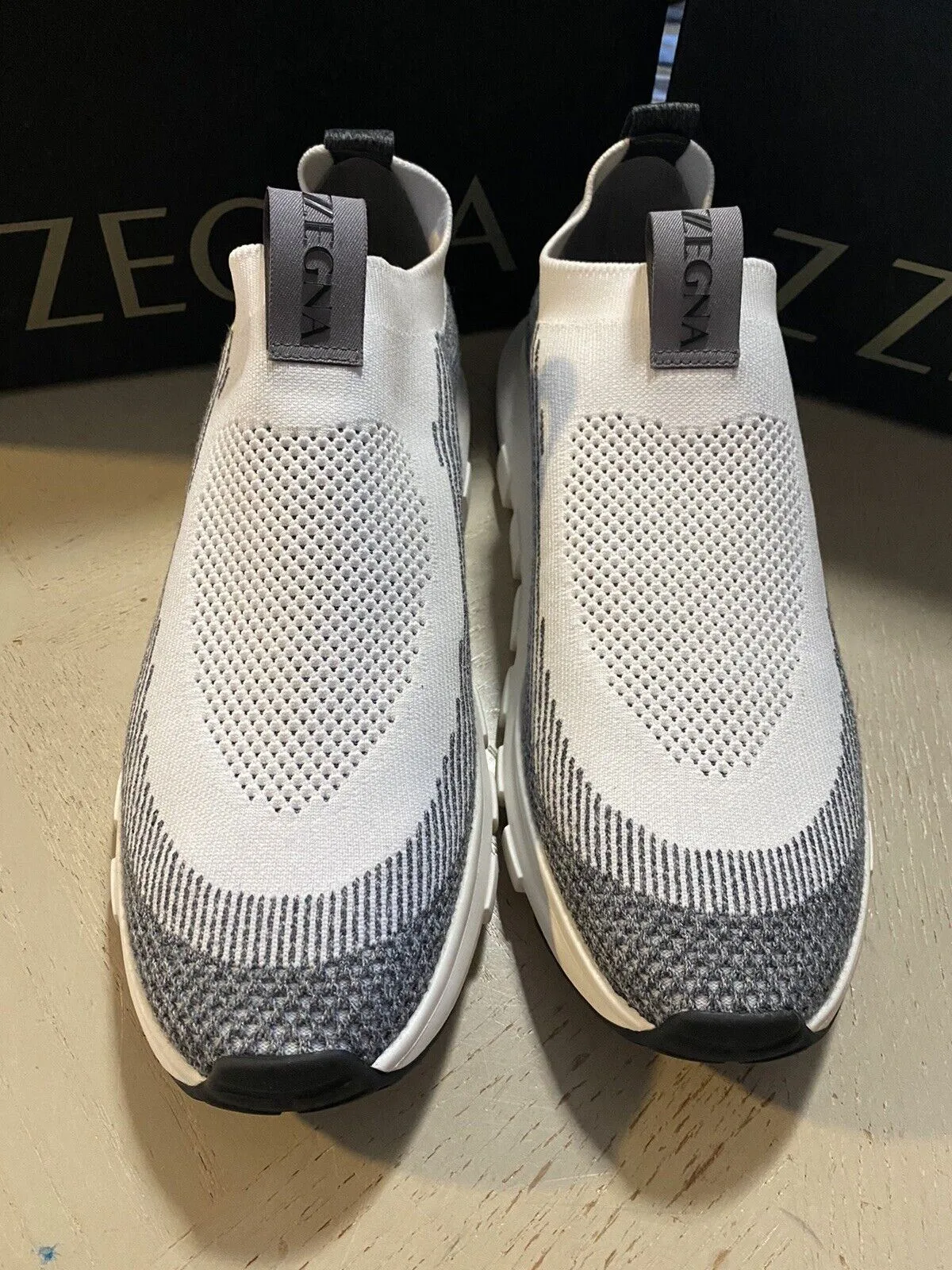 New $495 Z Zegna Men Sock Runners  Sneakers Shoes White/Gray 11.5 US/44.5 Eu