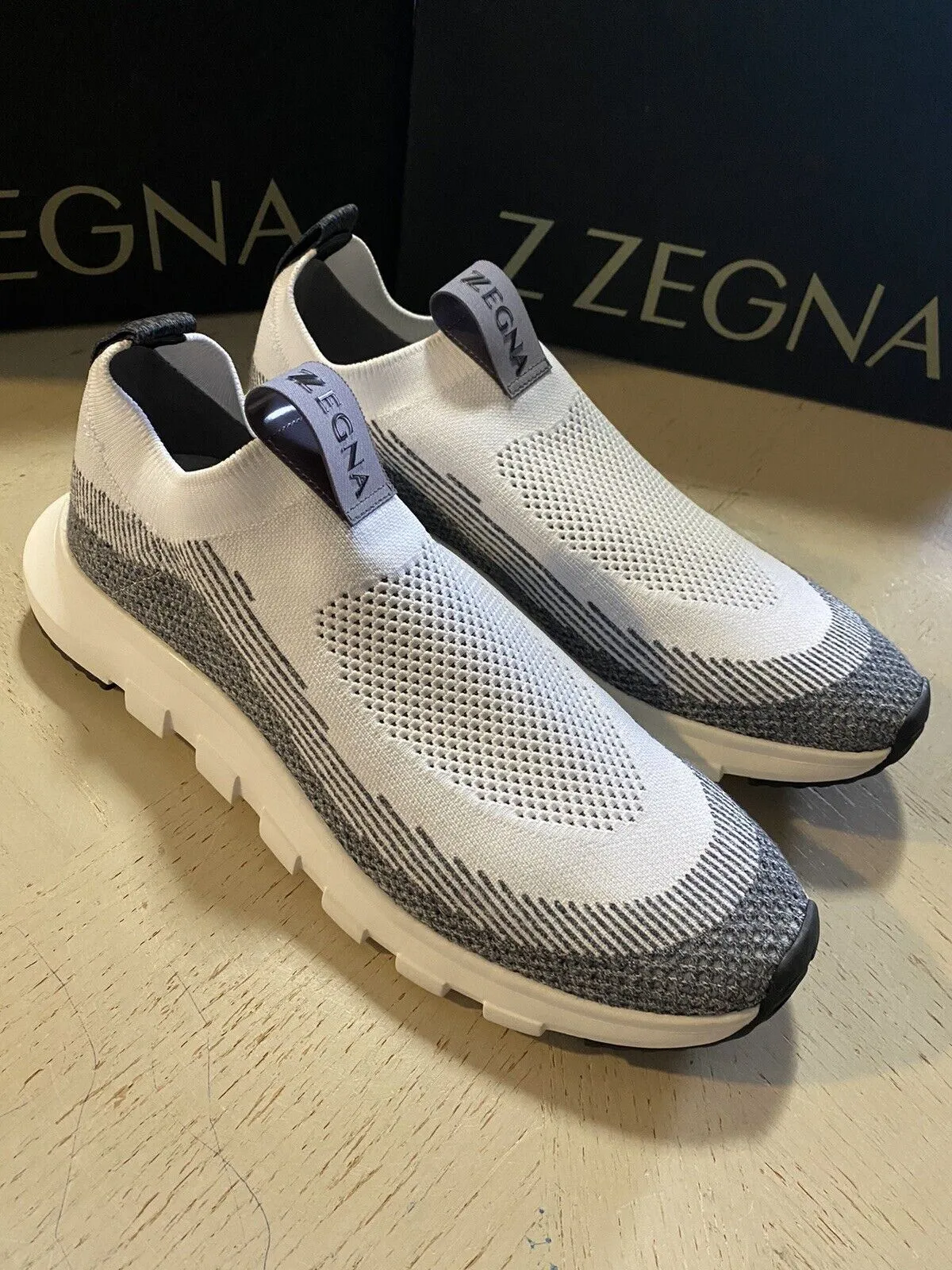 New $495 Z Zegna Men Sock Runners  Sneakers Shoes White/Gray 11.5 US/44.5 Eu