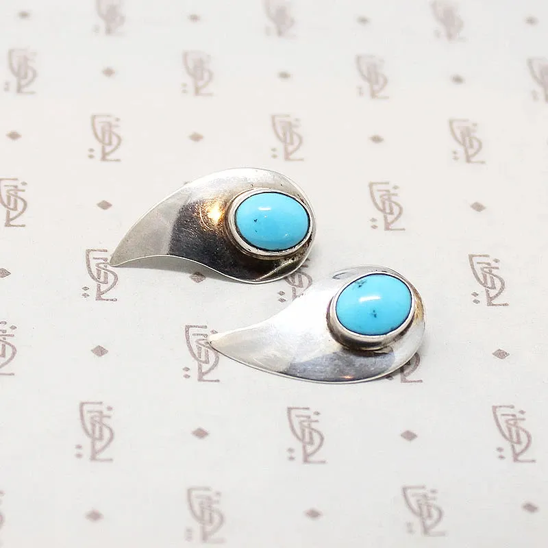 Paisley Shaped Sterling & Turquoise Clip Earrings