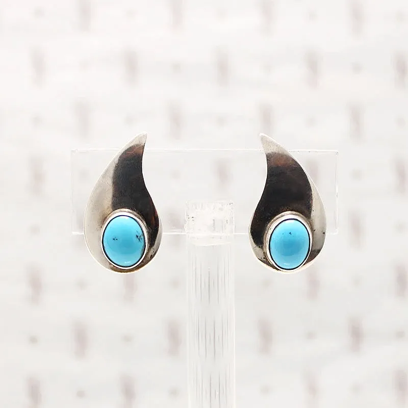 Paisley Shaped Sterling & Turquoise Clip Earrings