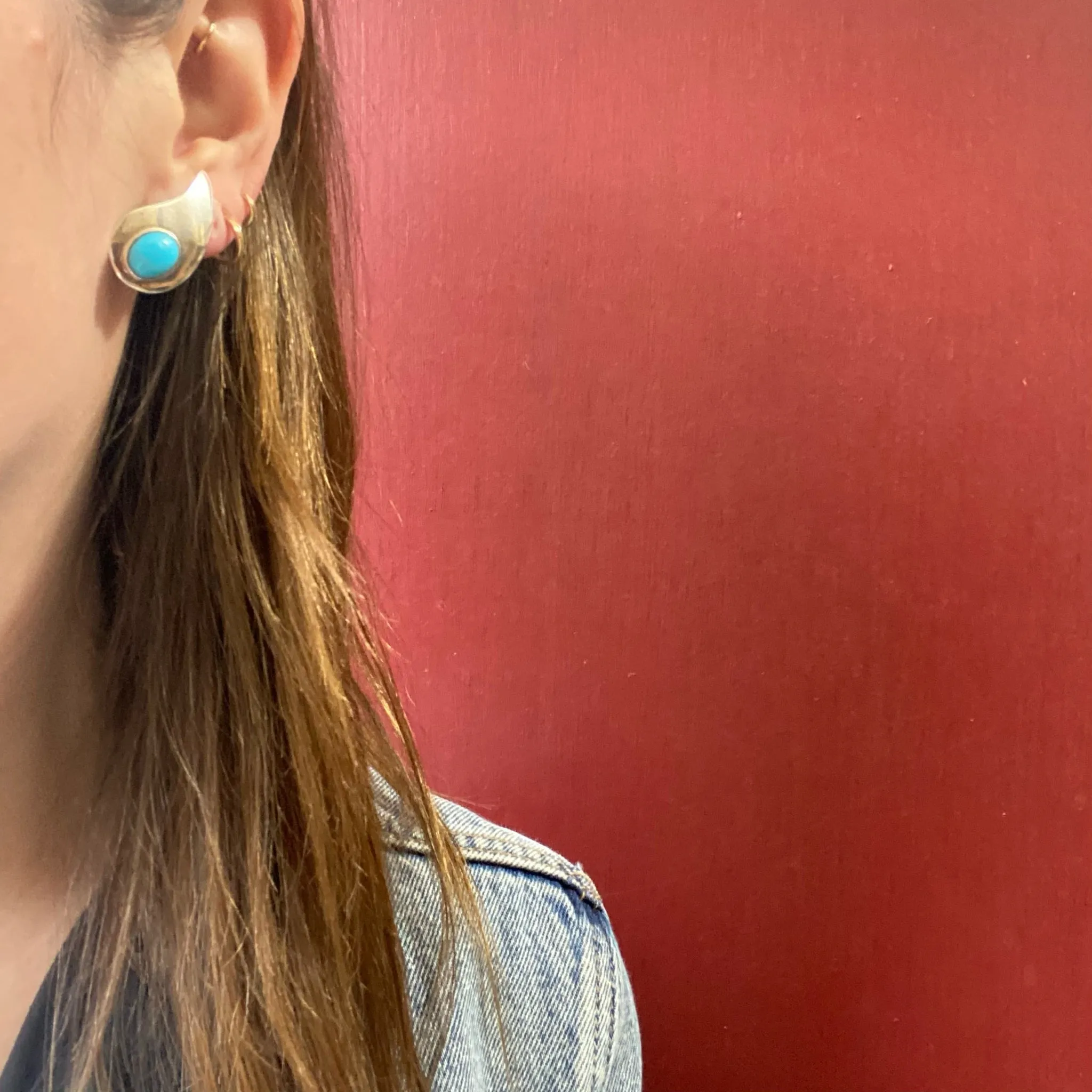 Paisley Shaped Sterling & Turquoise Clip Earrings