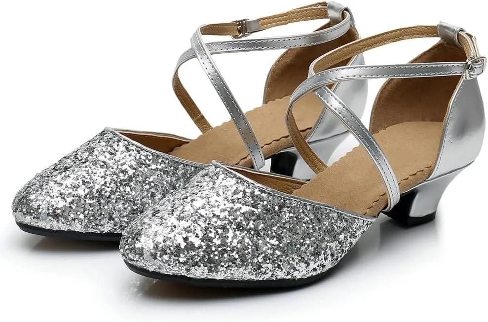 Parisuit Womens Glitter Latin Ballroom Dance Shoes Closed Toe Ankle Cross Strap Mary Jane Pumps Sparkly Sequin Tango Party Wedding Performence Dancing Heels