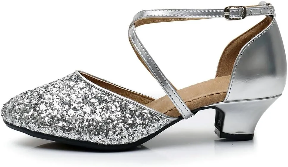 Parisuit Womens Glitter Latin Ballroom Dance Shoes Closed Toe Ankle Cross Strap Mary Jane Pumps Sparkly Sequin Tango Party Wedding Performence Dancing Heels