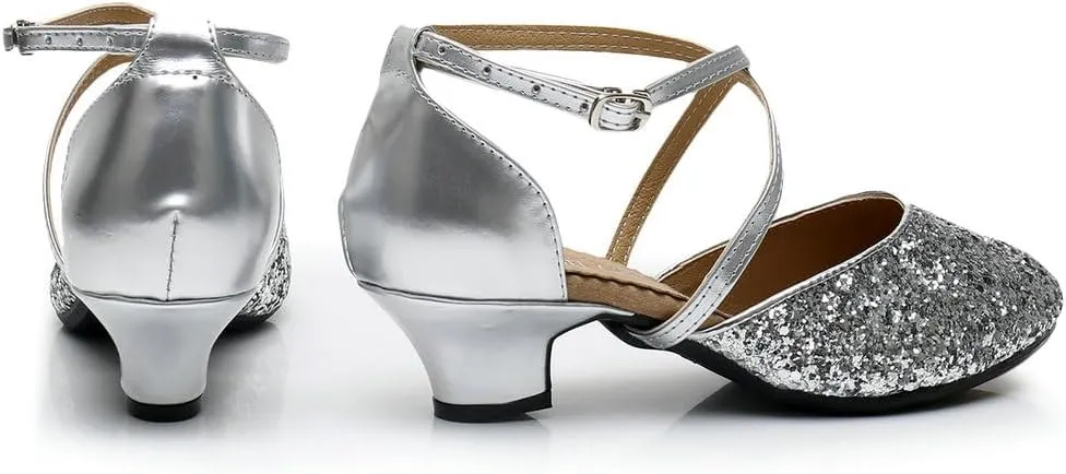 Parisuit Womens Glitter Latin Ballroom Dance Shoes Closed Toe Ankle Cross Strap Mary Jane Pumps Sparkly Sequin Tango Party Wedding Performence Dancing Heels