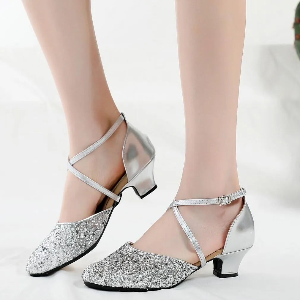 Parisuit Womens Glitter Latin Ballroom Dance Shoes Closed Toe Ankle Cross Strap Mary Jane Pumps Sparkly Sequin Tango Party Wedding Performence Dancing Heels