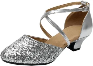 Parisuit Womens Glitter Latin Ballroom Dance Shoes Closed Toe Ankle Cross Strap Mary Jane Pumps Sparkly Sequin Tango Party Wedding Performence Dancing Heels