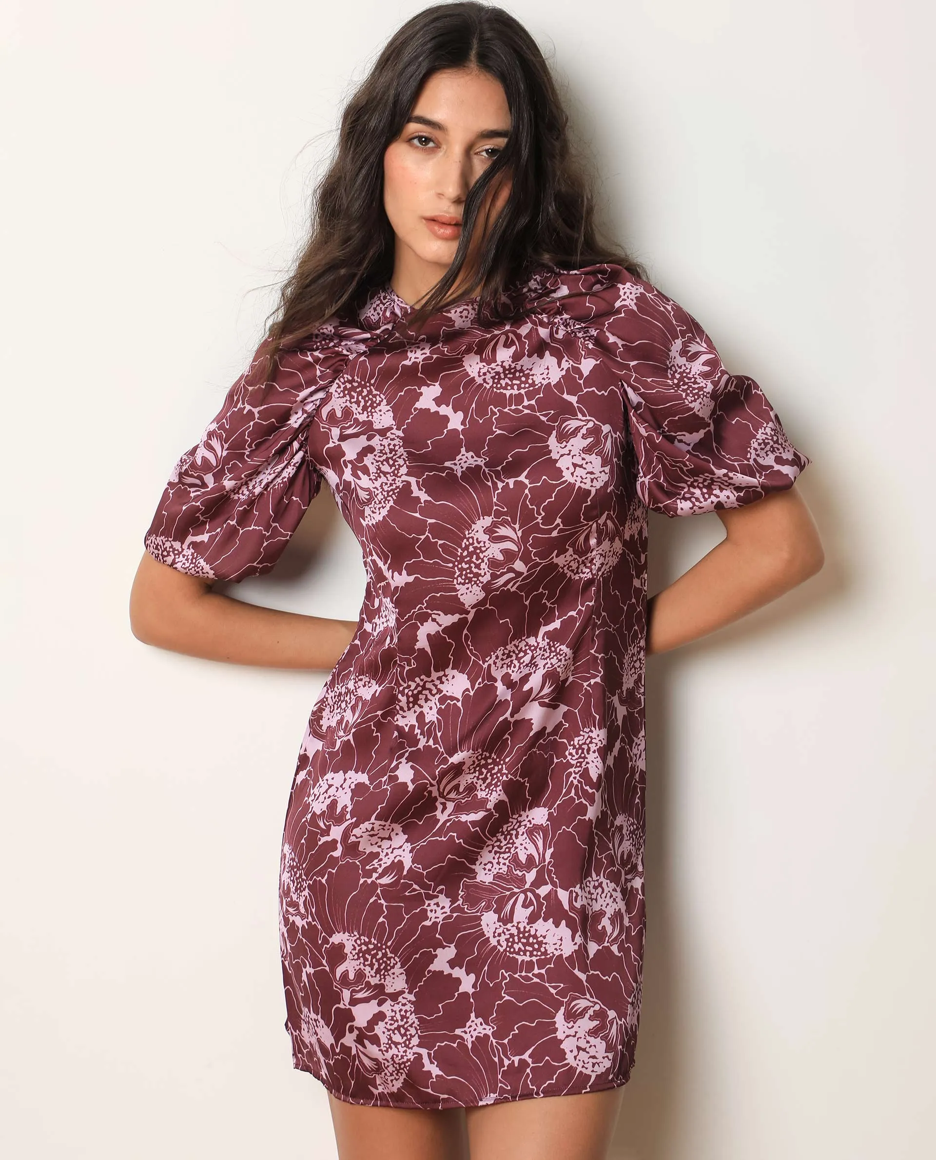 Rareism Women Christie Dark Maroon Polyester Fabric Short Sleeves Zip Closure Round Neck Puff Sleeve Slim Fit Floral Print Short Asymmetric Dress