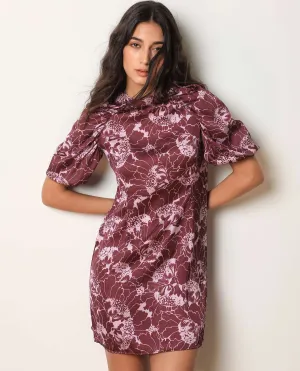 Rareism Women Christie Dark Maroon Polyester Fabric Short Sleeves Zip Closure Round Neck Puff Sleeve Slim Fit Floral Print Short Asymmetric Dress