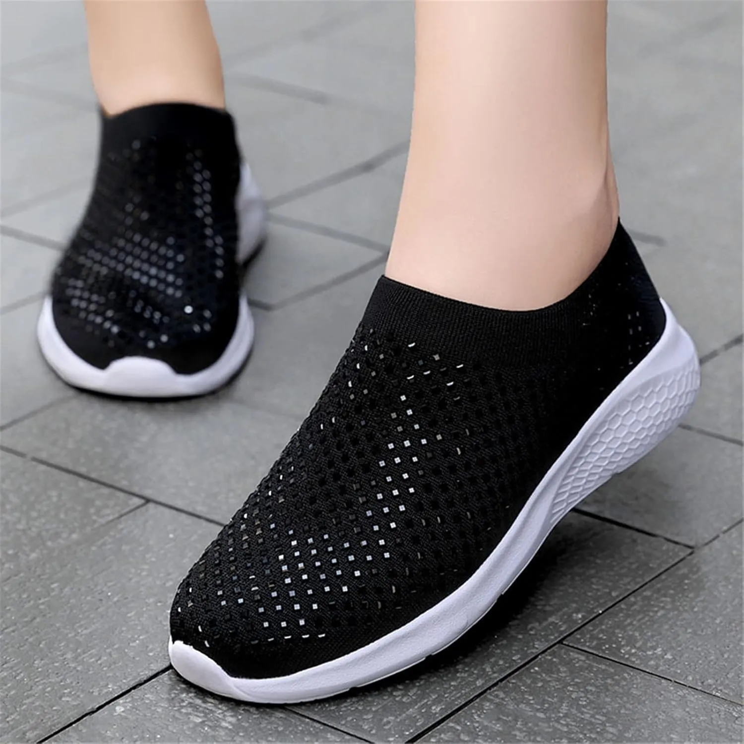 Rhinestone Sneaker Ladies Slip on Mesh Running Shoes Women's Ballroom Jazz Latin Dance Socks Sneakers Lightweight Breathable Fitness Walking Shoes
