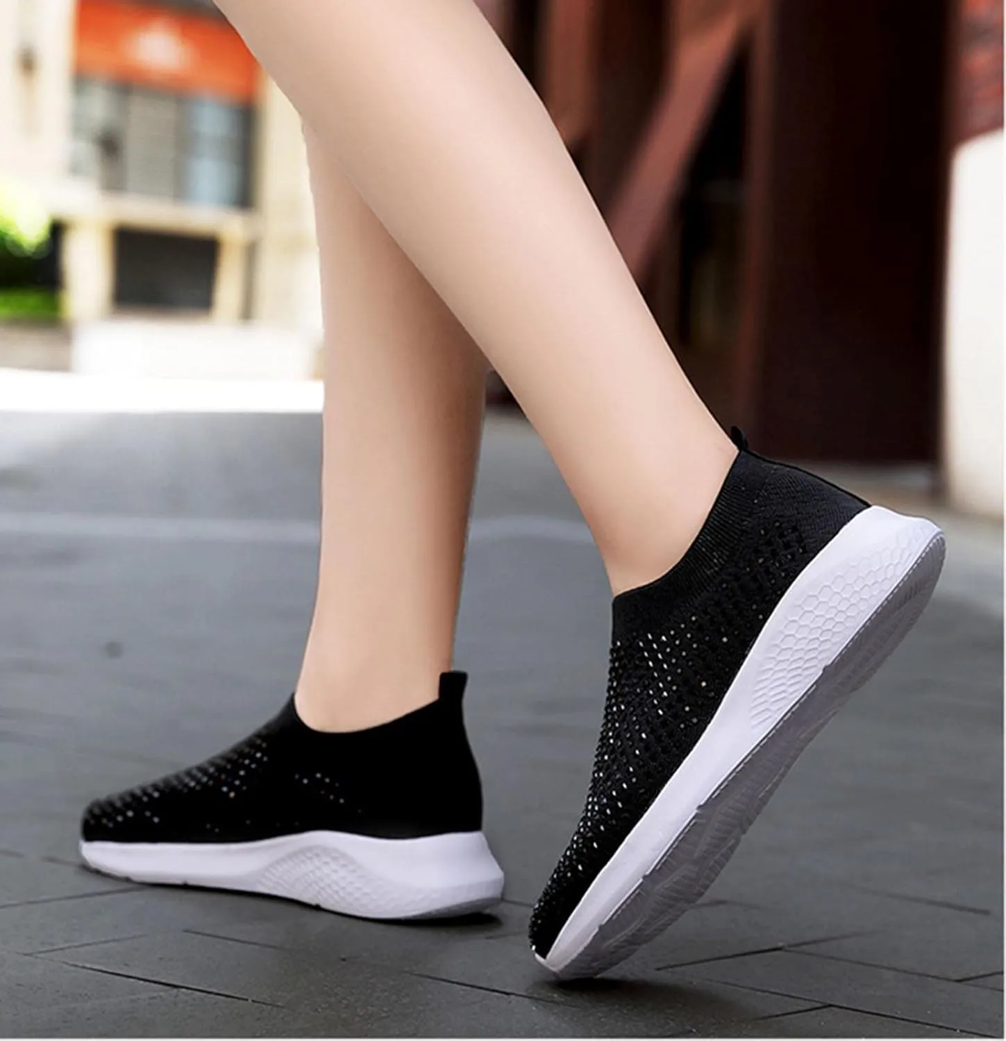 Rhinestone Sneaker Ladies Slip on Mesh Running Shoes Women's Ballroom Jazz Latin Dance Socks Sneakers Lightweight Breathable Fitness Walking Shoes